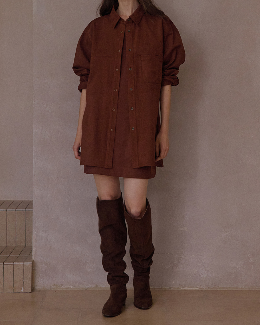 ウエストストラップスエードロングシャツ 10098