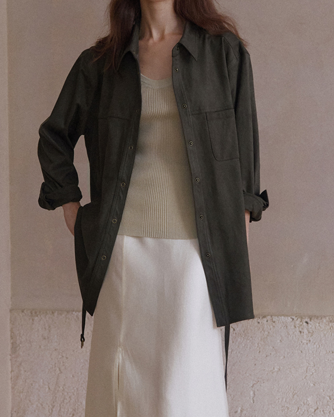 ウエストストラップスエードロングシャツ 10098