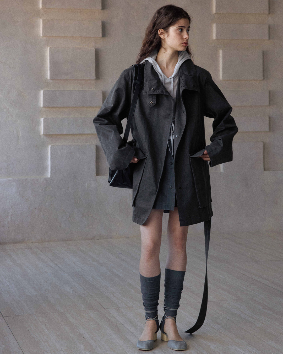 ウォッシュドコットンスエードチャコールロングジャケット 10168