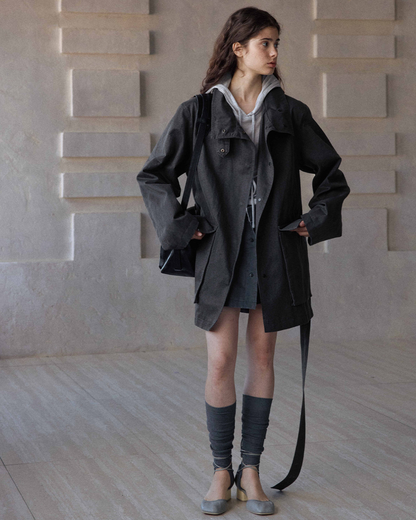 ウォッシュドコットンスエードチャコールロングジャケット 10168