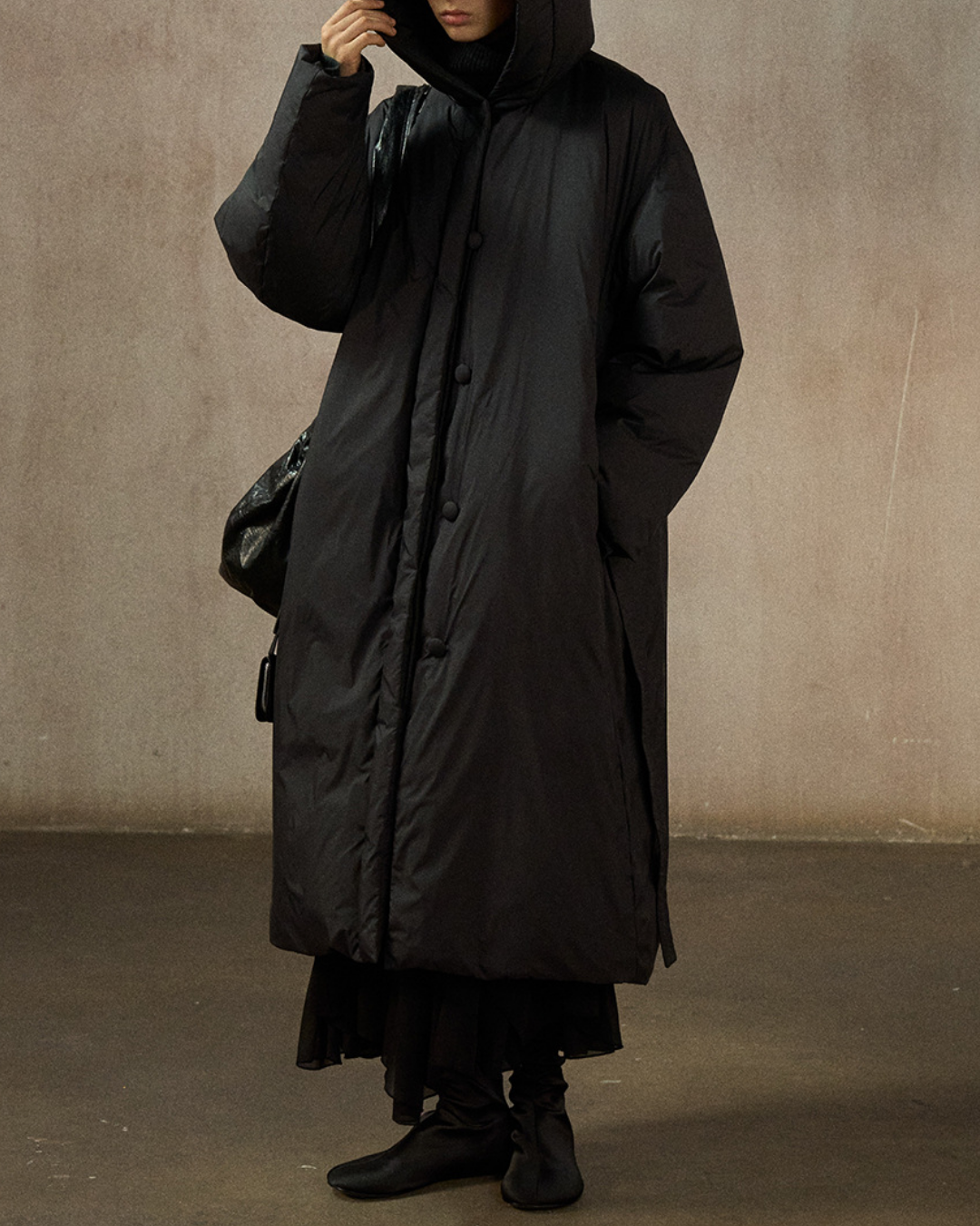 フーディーストラップロングダウンコート 10281