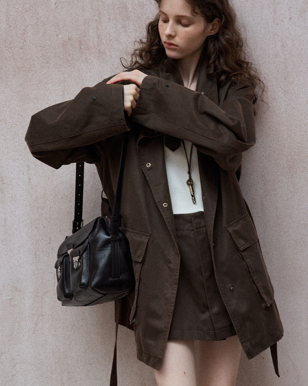 ウォッシュドコットンスエードブラウンロングジャケット 10167