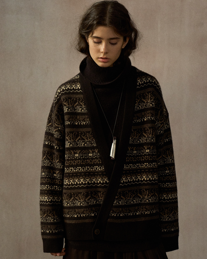 Vネックニットアイル柄カーディガン 10246