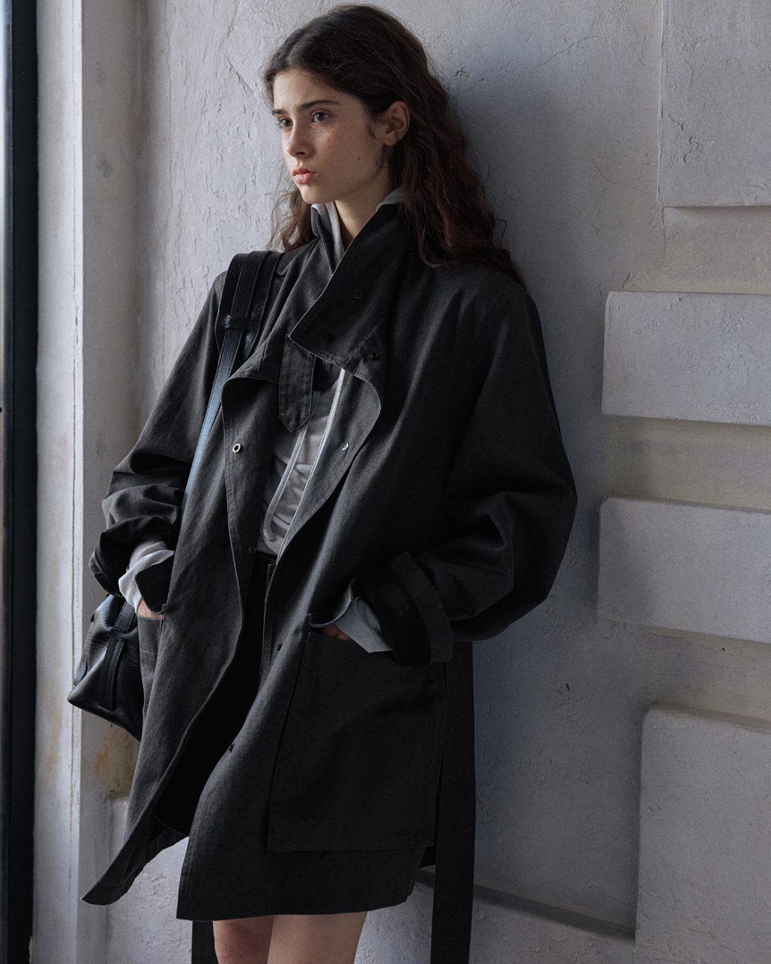 ウォッシュドコットンスエードチャコールロングジャケット 10168