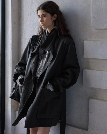 ウォッシュドコットンスエードチャコールロングジャケット 10168