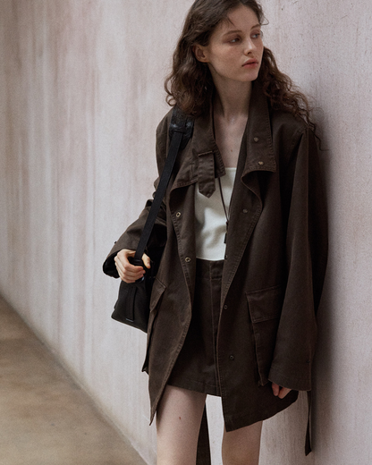 ウォッシュドコットンスエードブラウンロングジャケット 10167