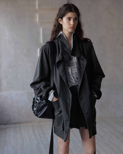 ウォッシュドコットンスエードチャコールロングジャケット 10168