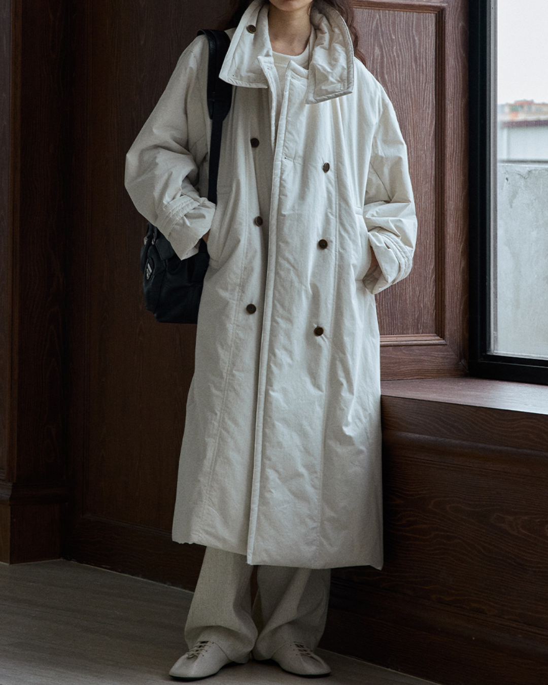 ダブルブレストキルティングロングコート 10233