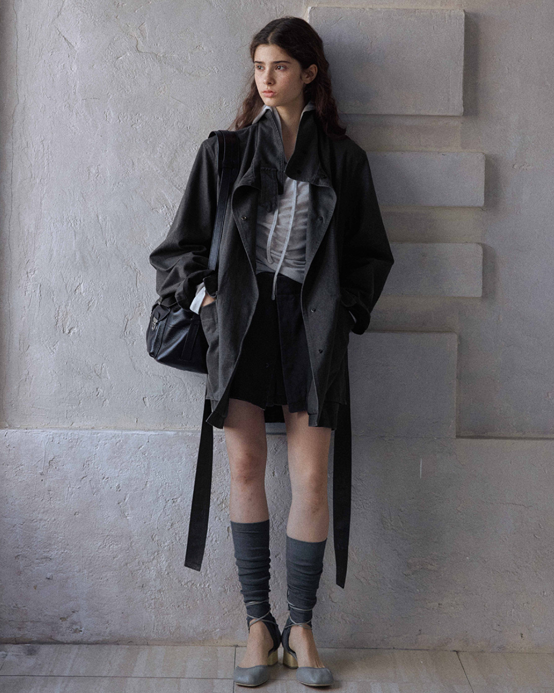 ウォッシュドコットンスエードチャコールロングジャケット 10168