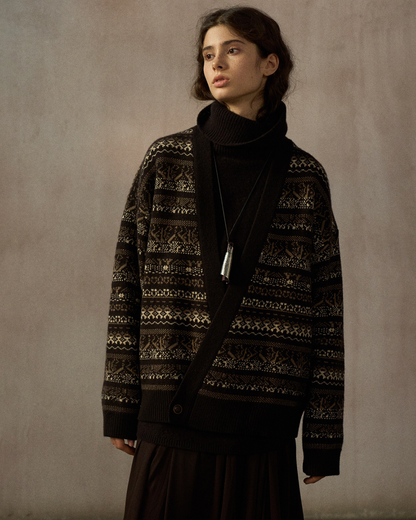 Vネックニットアイル柄カーディガン 10246