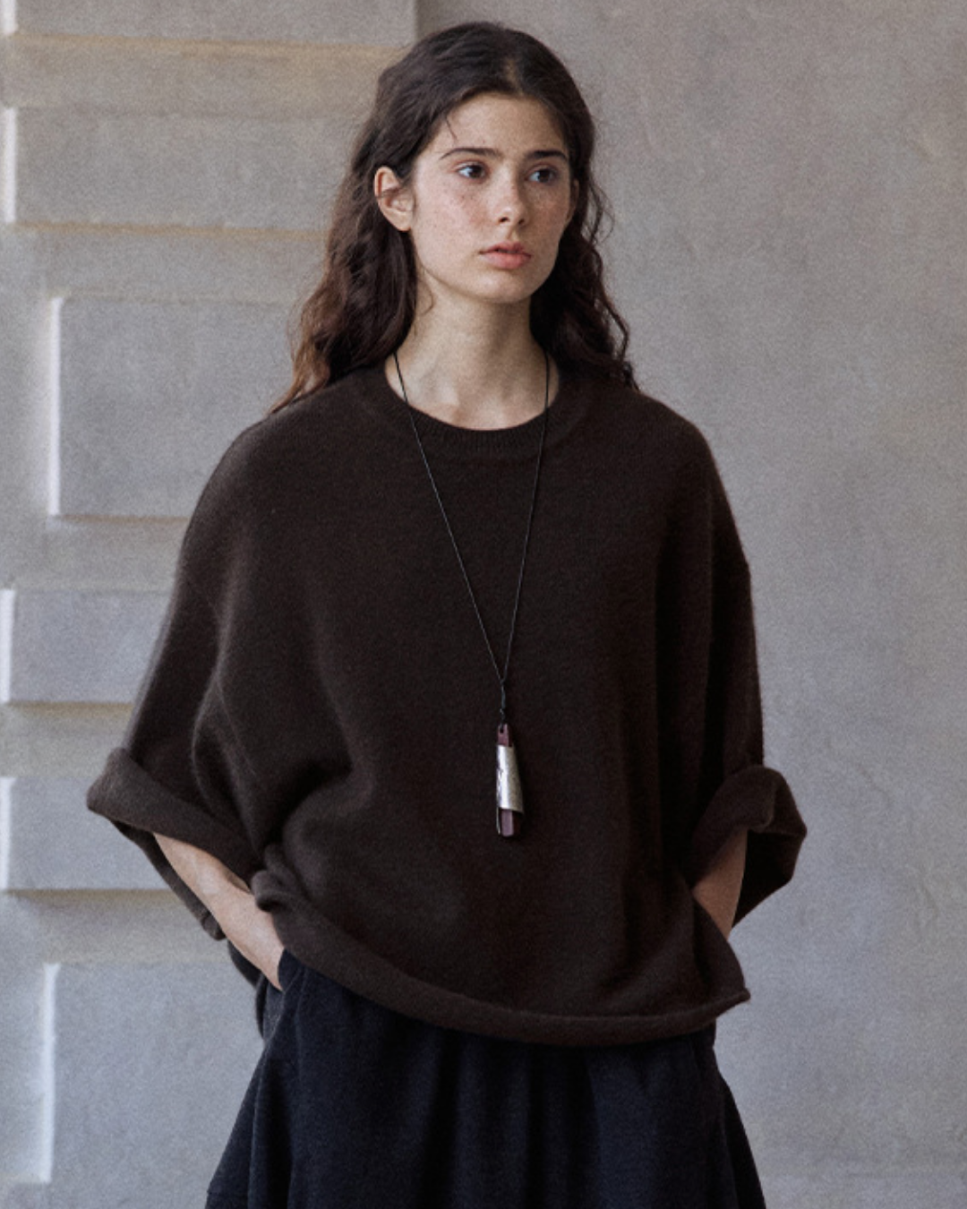 ラウンドネックミドルスリーブニットプルオーバー 10137