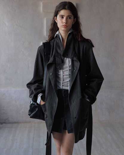 ウォッシュドコットンスエードチャコールロングジャケット 10168