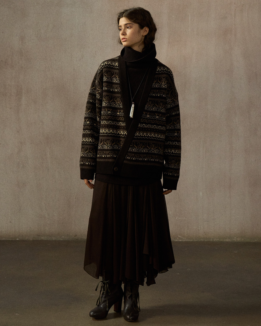 Vネックニットアイル柄カーディガン 10246