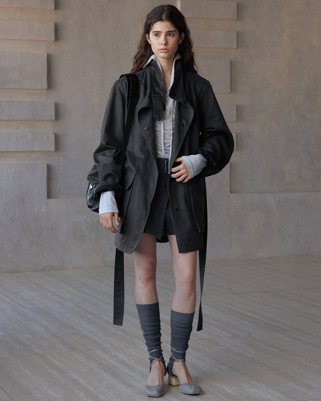 ウォッシュドコットンスエードチャコールロングジャケット 10168