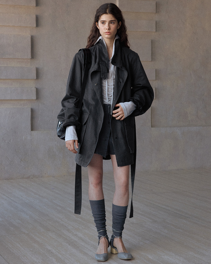 ウォッシュドコットンスエードチャコールロングジャケット 10168