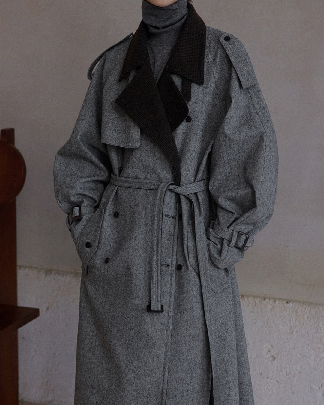 バイカラーダブルブレストロングコート 10283