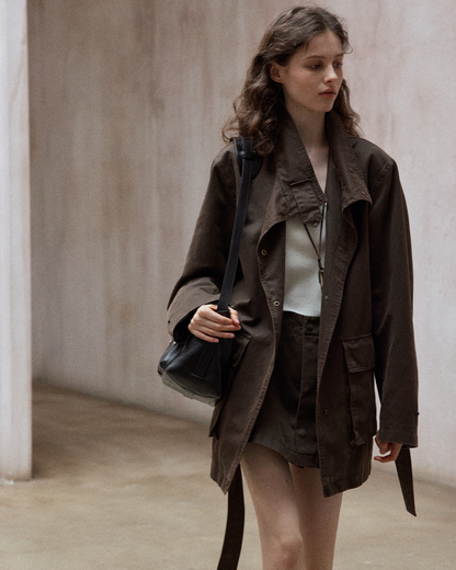 ウォッシュドコットンスエードブラウンロングジャケット 10167