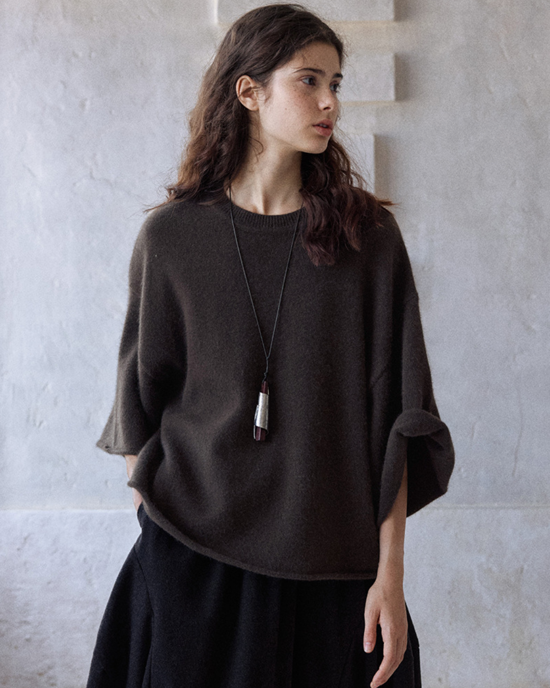 ラウンドネックミドルスリーブニットプルオーバー 10137