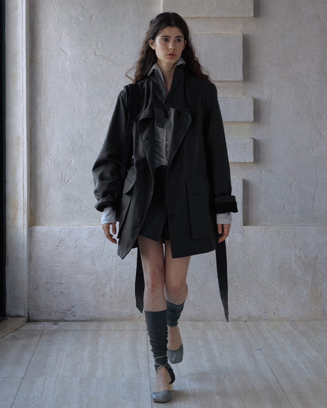 ウォッシュドコットンスエードチャコールロングジャケット 10168