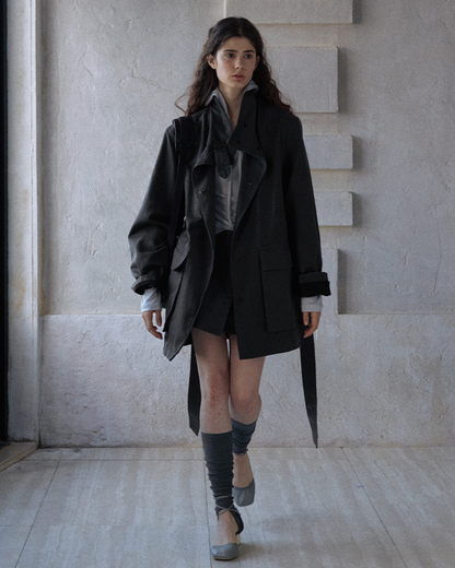 ウォッシュドコットンスエードチャコールロングジャケット 10168